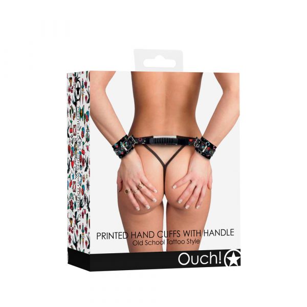 Ouch Old School Tattoo Printed Hand Cuffs With Handle - Image 4